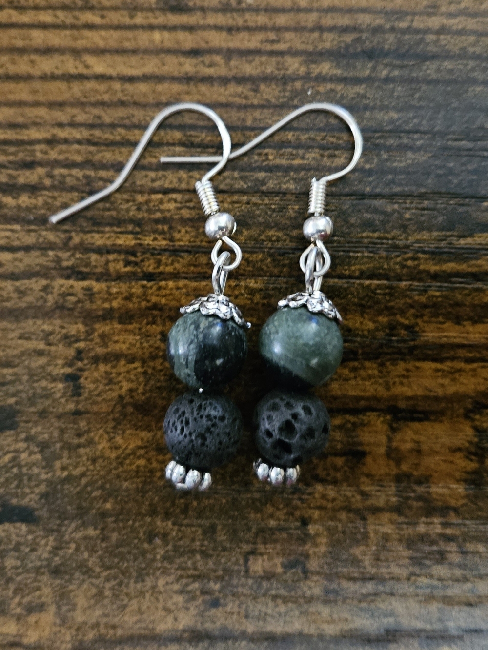 Handcrafted Green Jasper and Black Lava Stone Drop Earrings